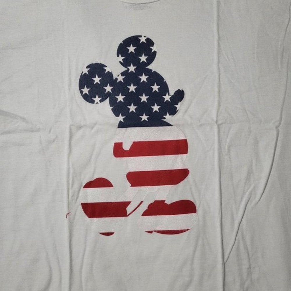 Disney Mickey Mouse Standing American Flag Print Graphic Short Sleeves White Tee - Picture 3 of 5